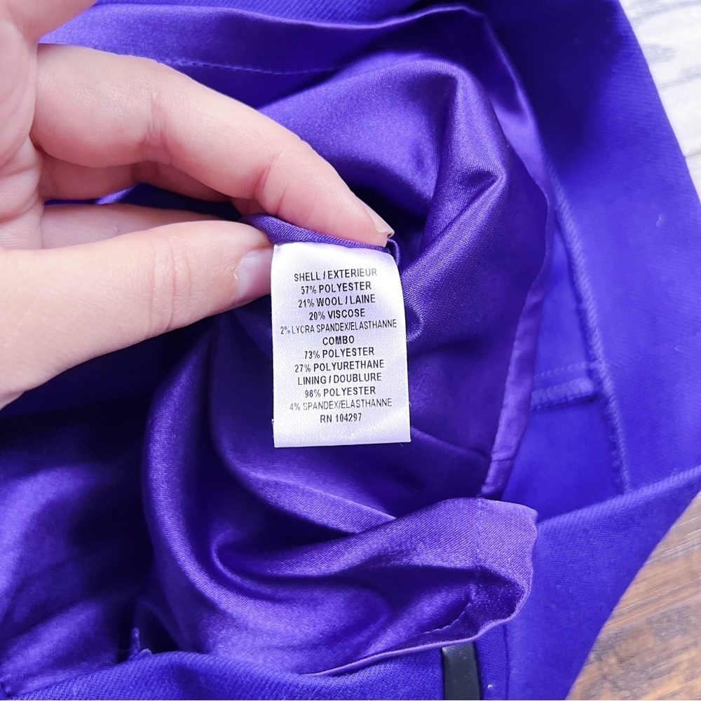 MILLY • Pipe-Trim Peplum Dress purple stretch wool black vegan leather - Picture 7 of 11